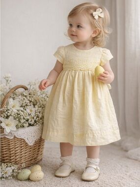 Luli & Me Baby Girl Yellow Linen Cotton Dress Easter Flower Girl Heirloom 12-18M